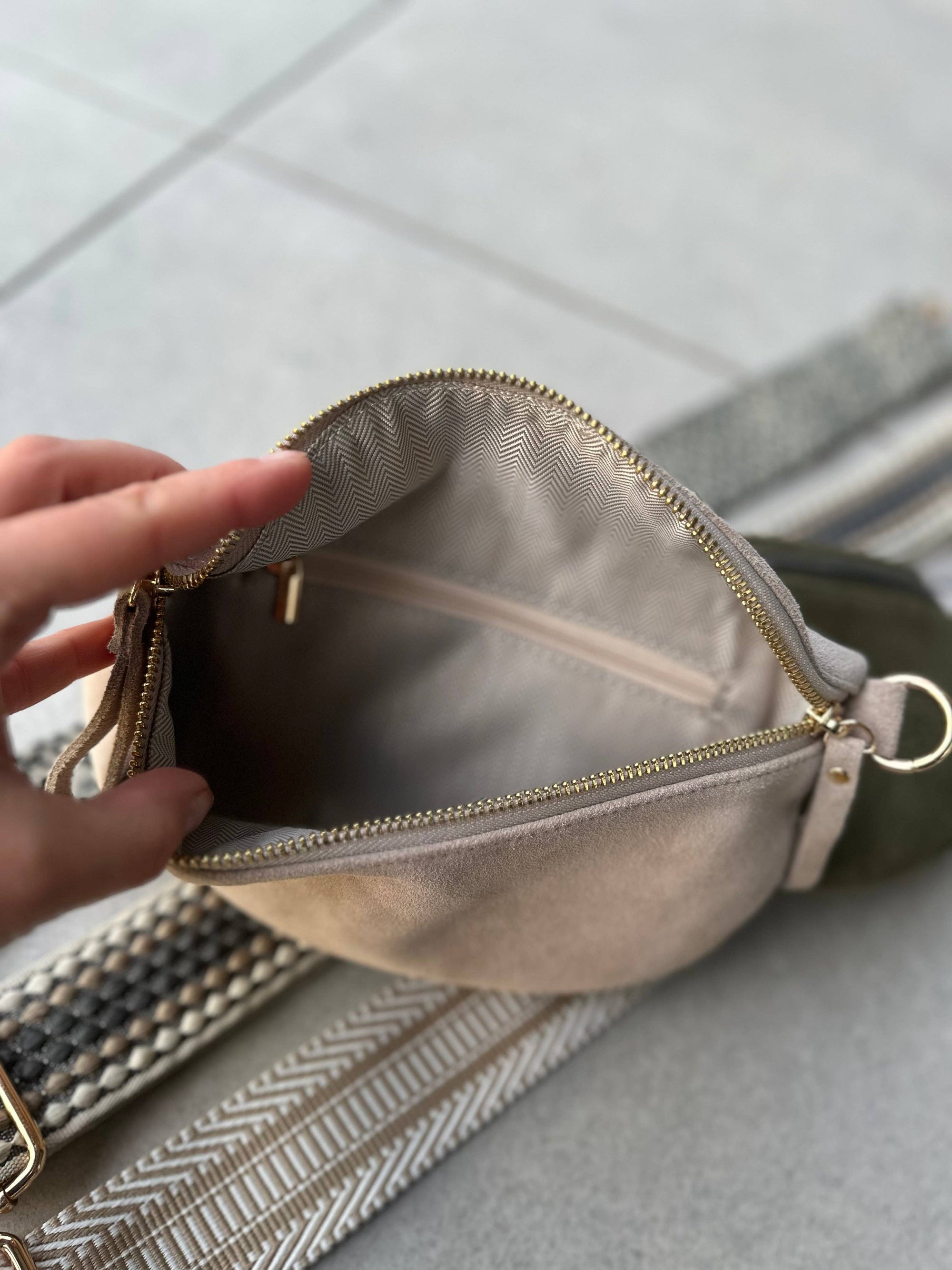 Crossbody Handbag: Cream White Suede Leather