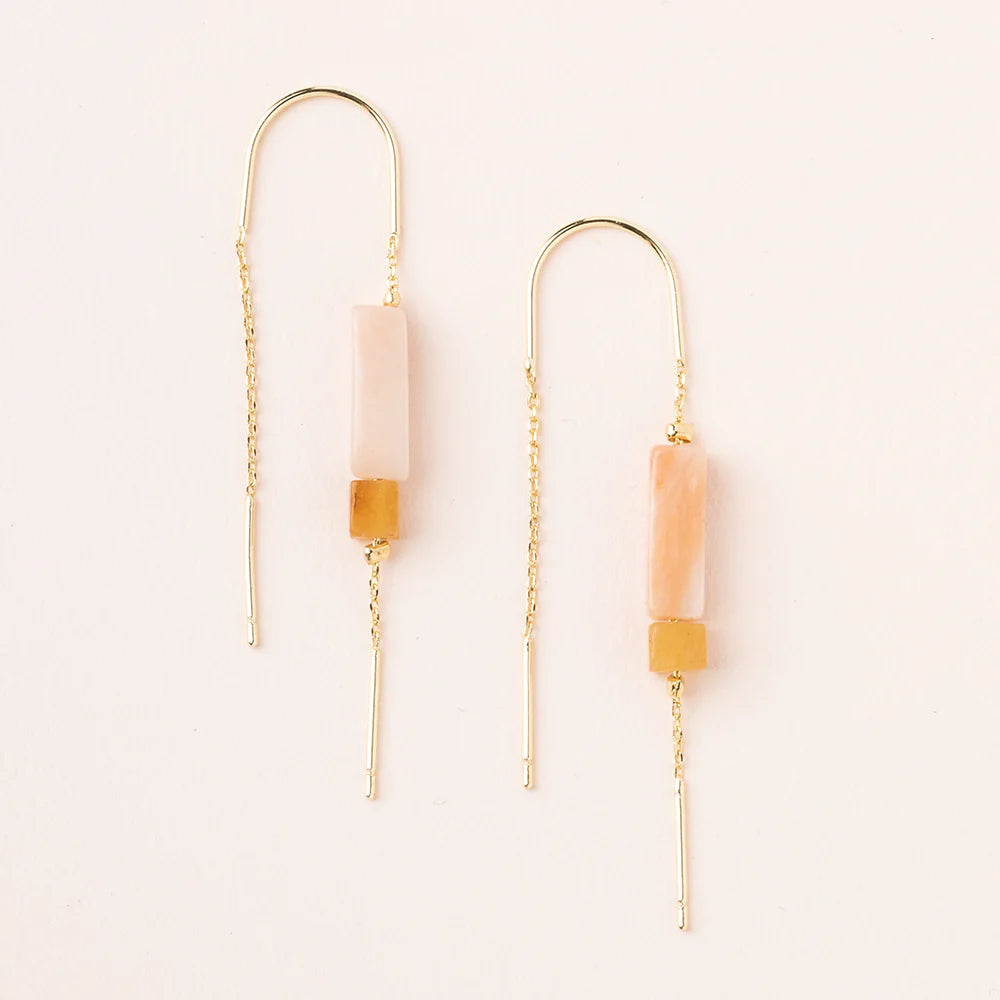 Rectangle Stone Thread Earring - Rose Quartz, Amber &amp; Gold
