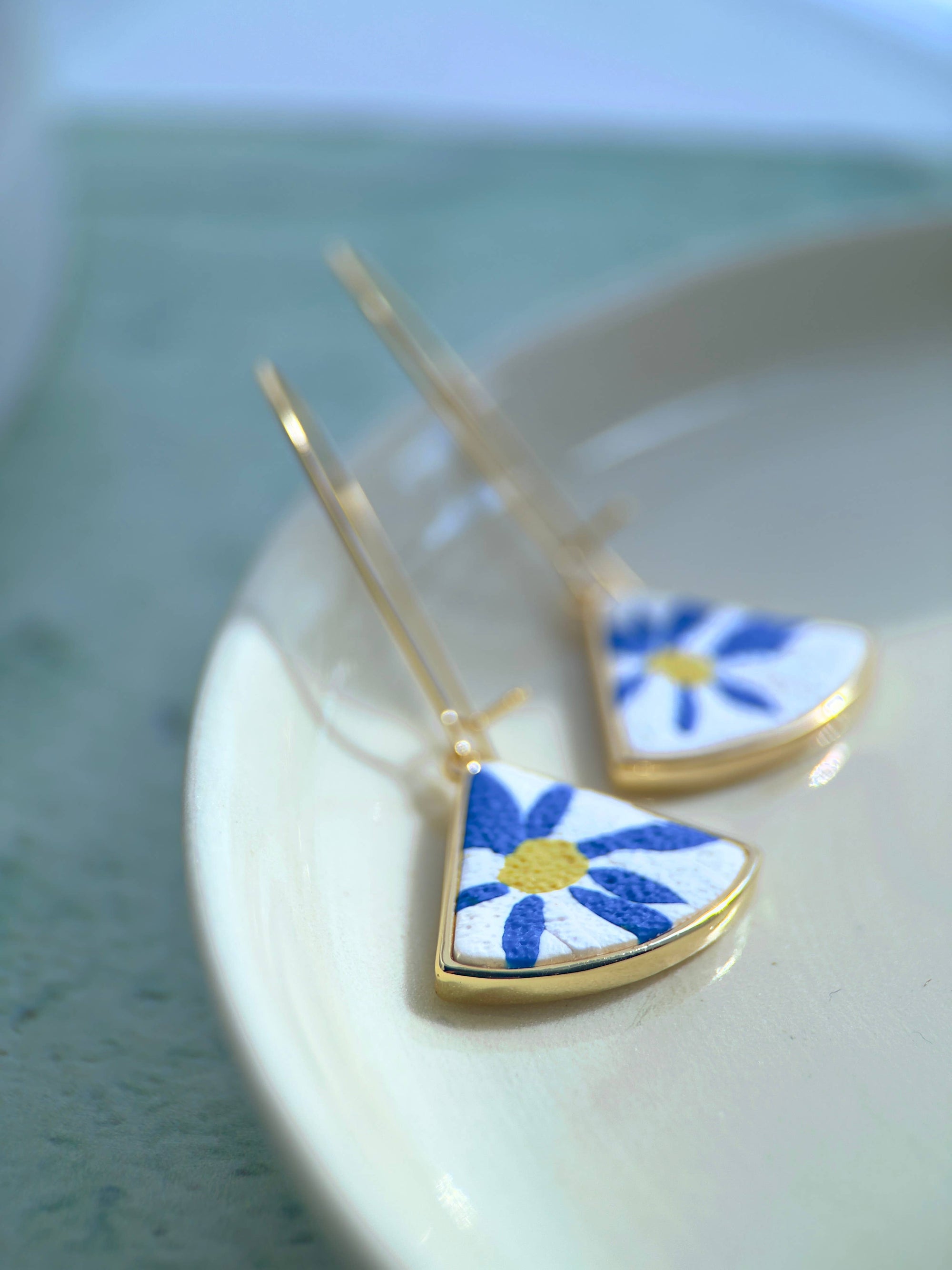 Long Art Deco Earrings: Blue Floral