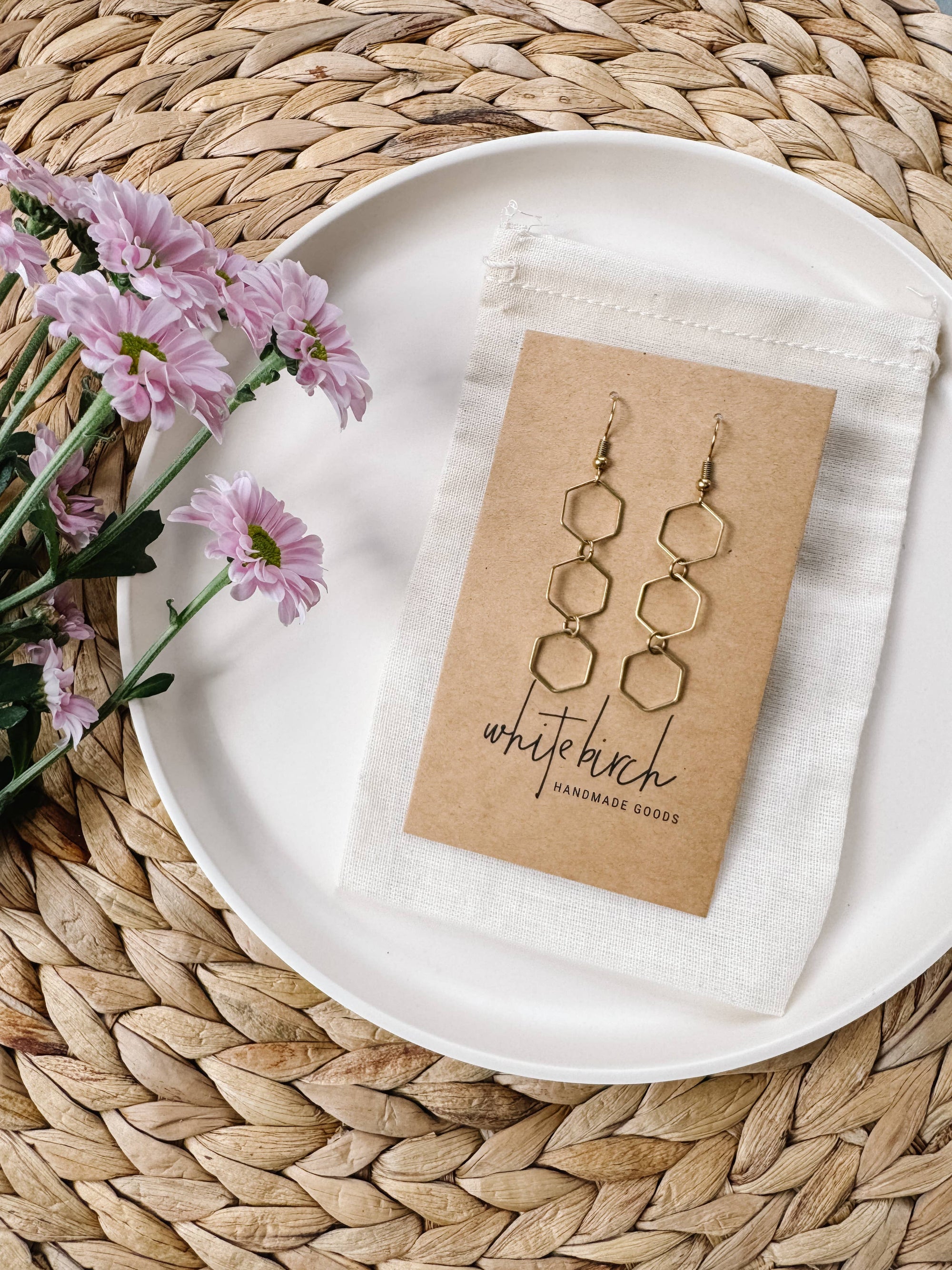 Brass Triple Hexagon Dangle Earrings