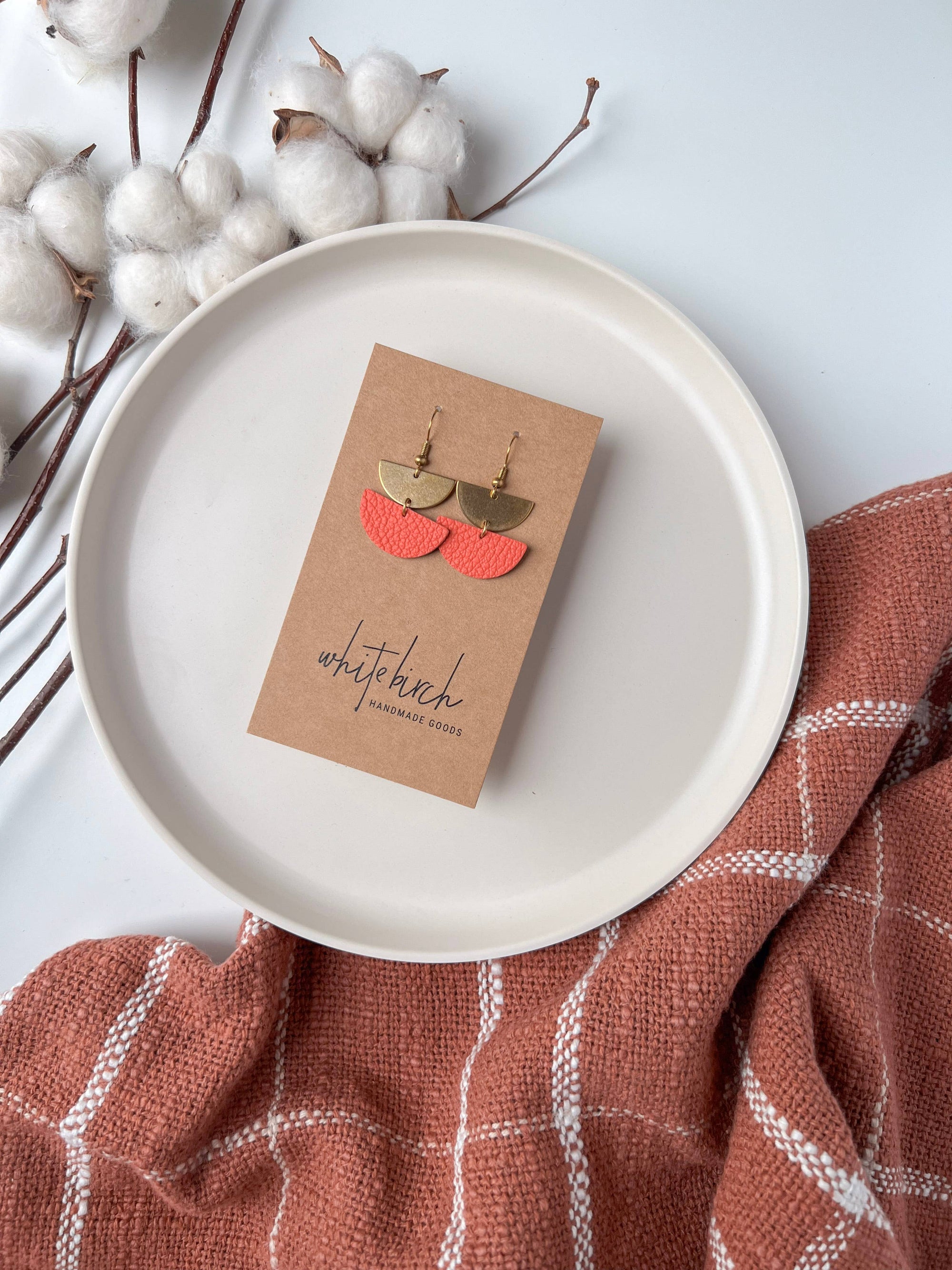 Leather &amp; Brass Mini Half Moon Earrings | Coral