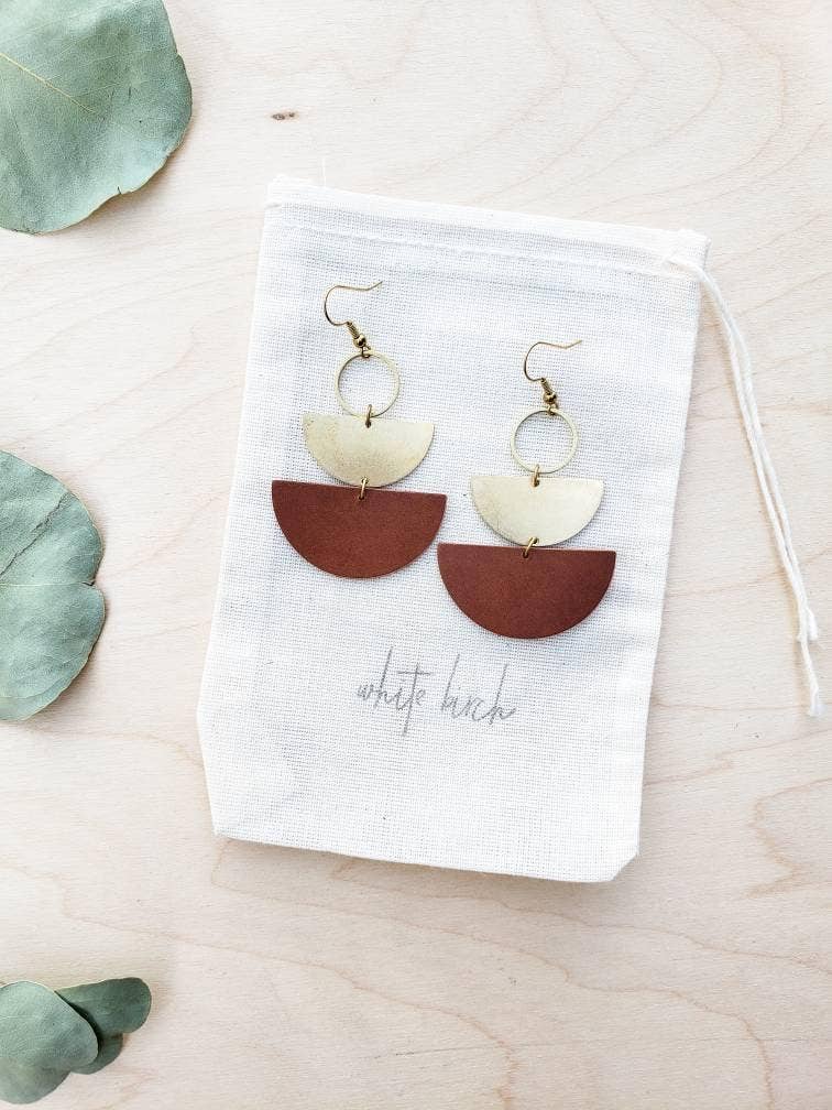 Leather &amp; Brass Stacked Half Moon Earrings | Brown