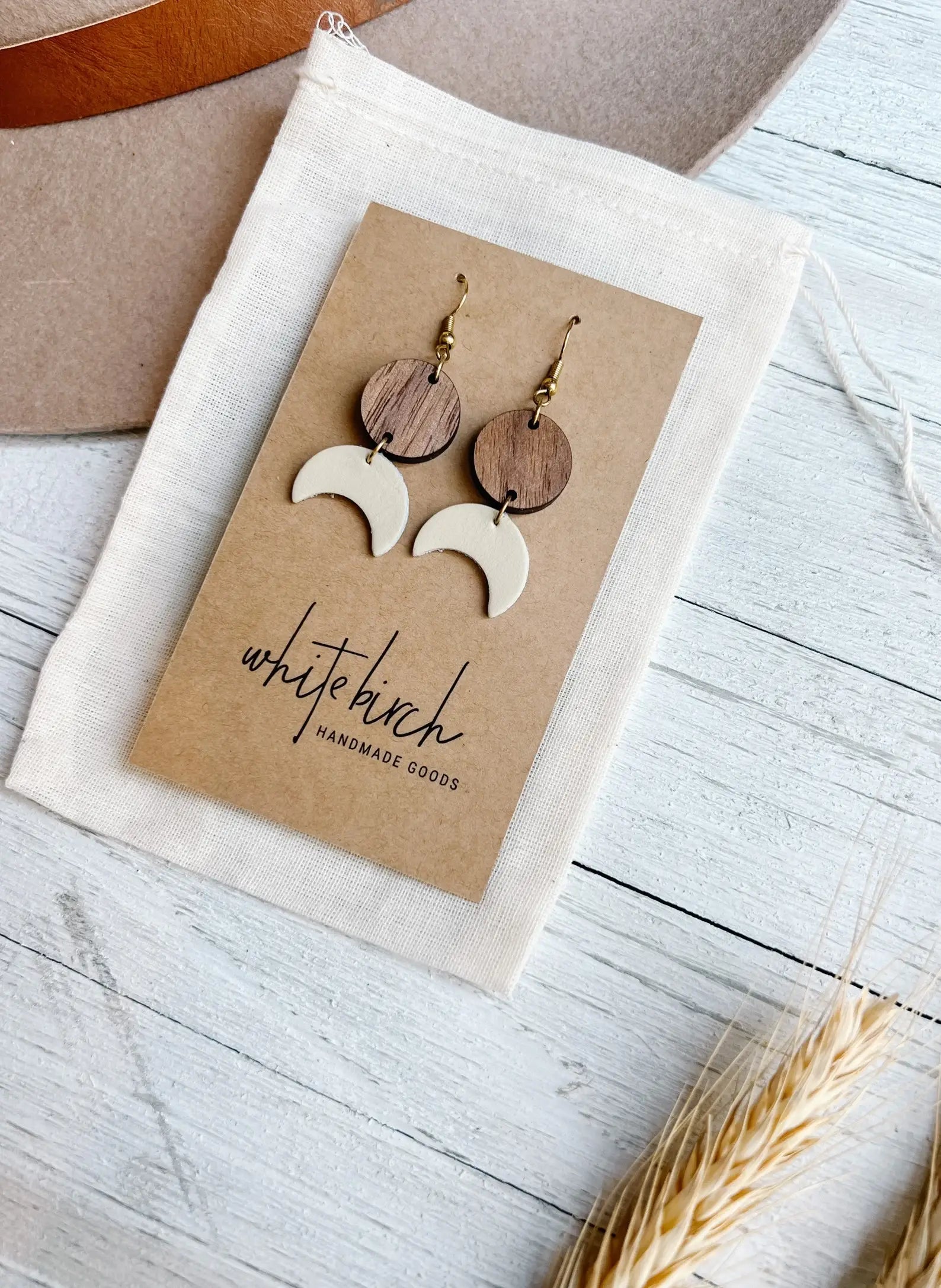 Leather Moon &amp; Walnut Wood Circle Earrings | Cream