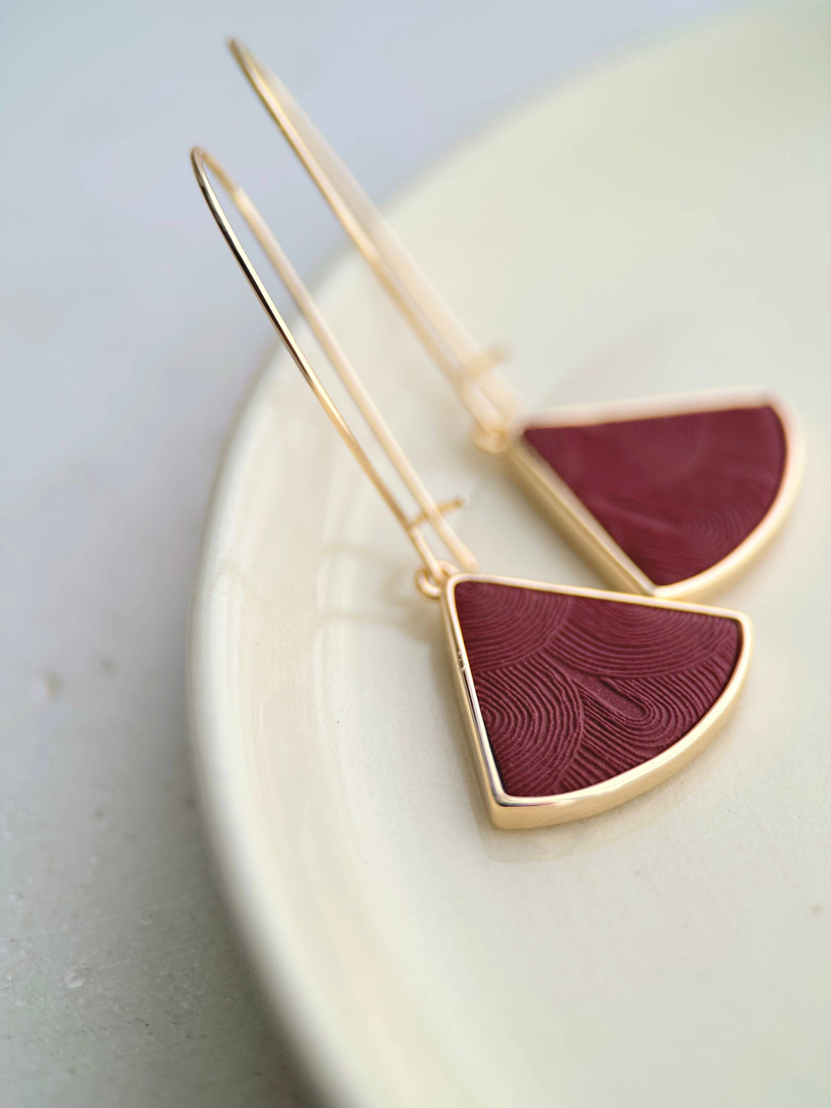Long Art Deco Earrings: Dark Burgundy/Gold