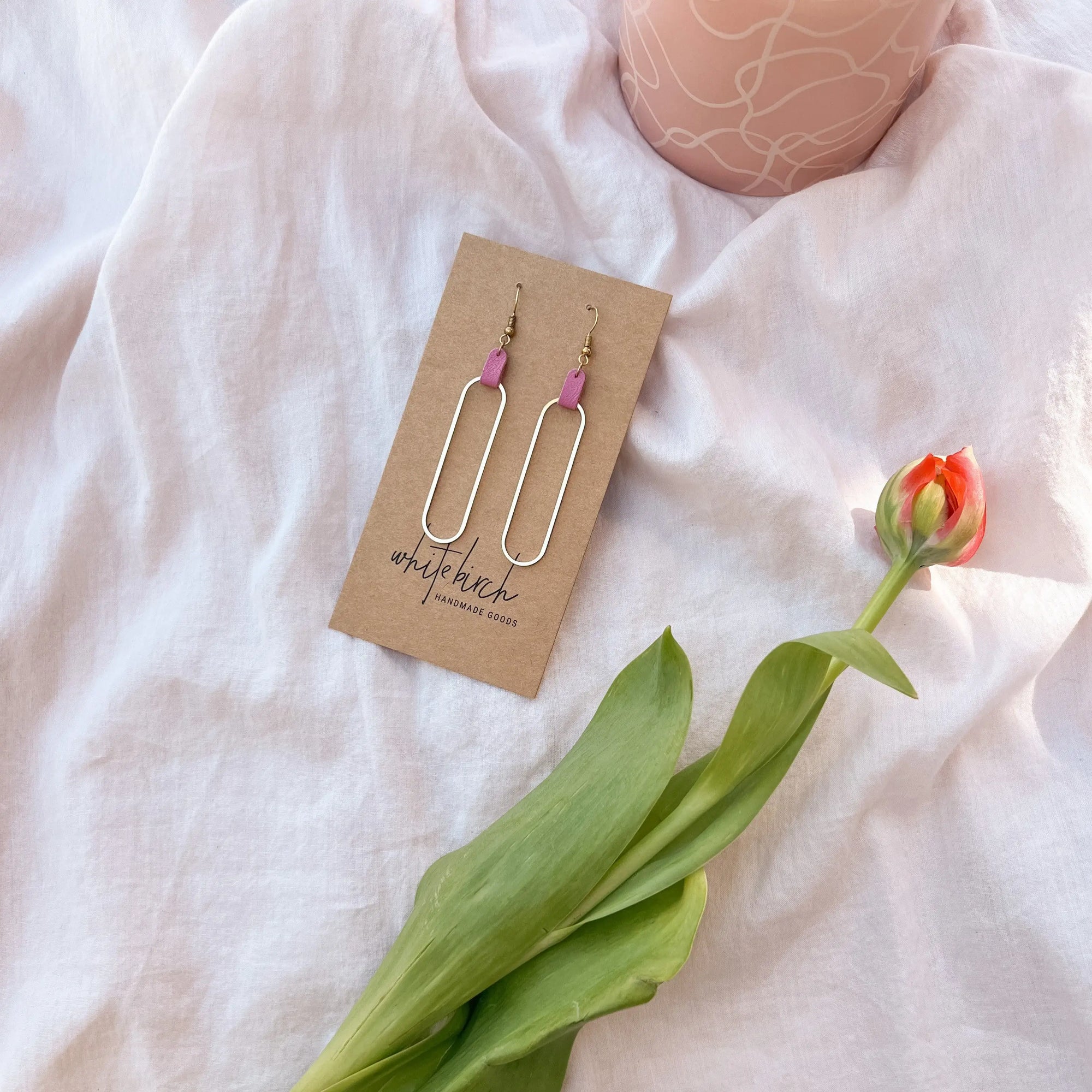 Bubblegum Pink Leather &amp; Brass Oval Accent Earrings