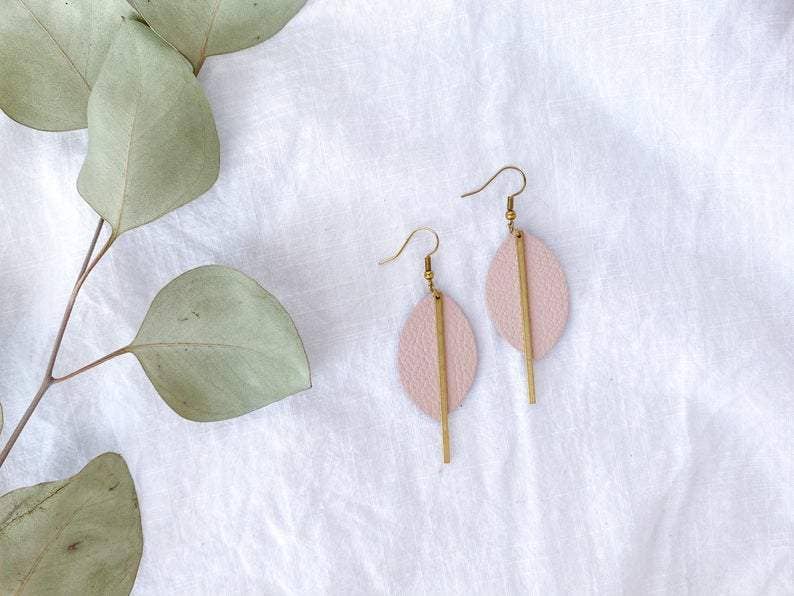 Leather &amp; Brass Petal Bar Earrings | Blush Pink