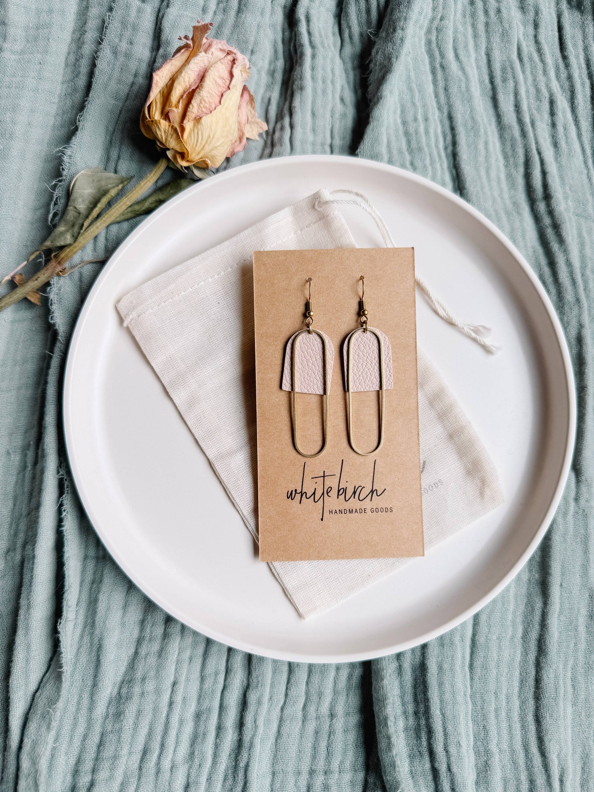 Leather &amp; Brass Oval Earrings | Blush Pink