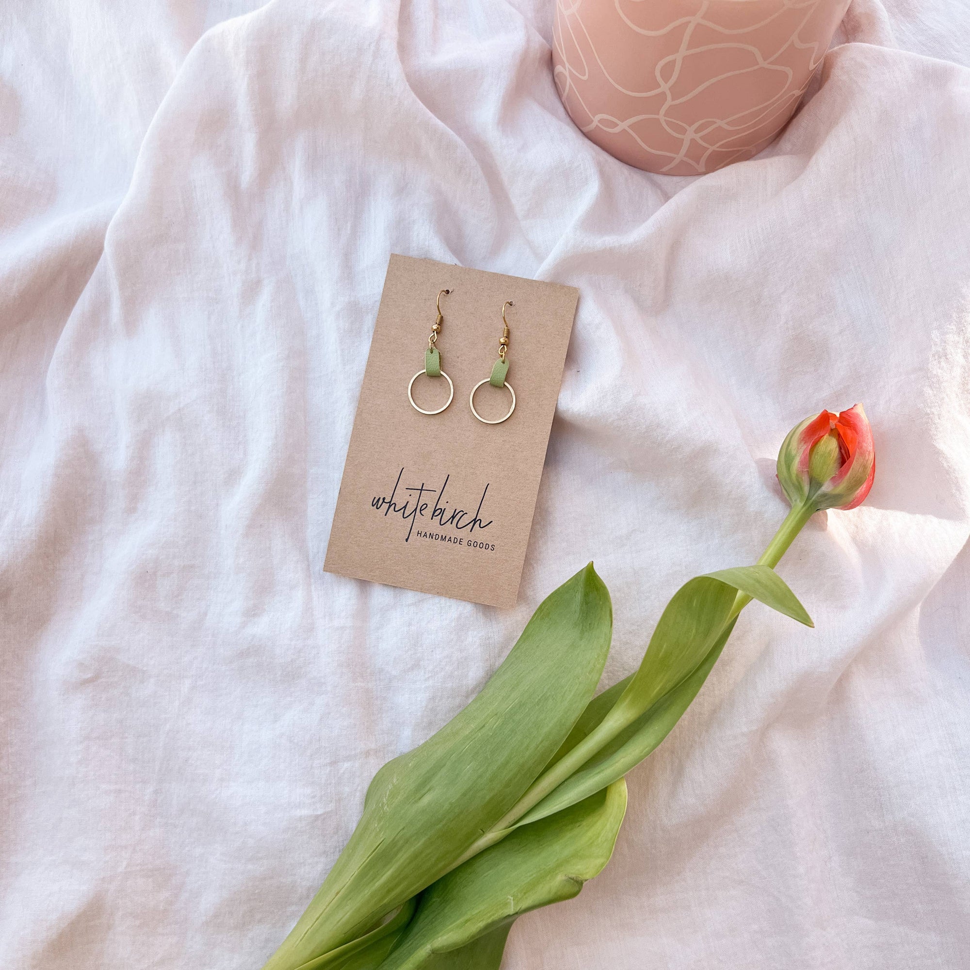 Leather &amp; Brass Circle Earrings | Lime Green
