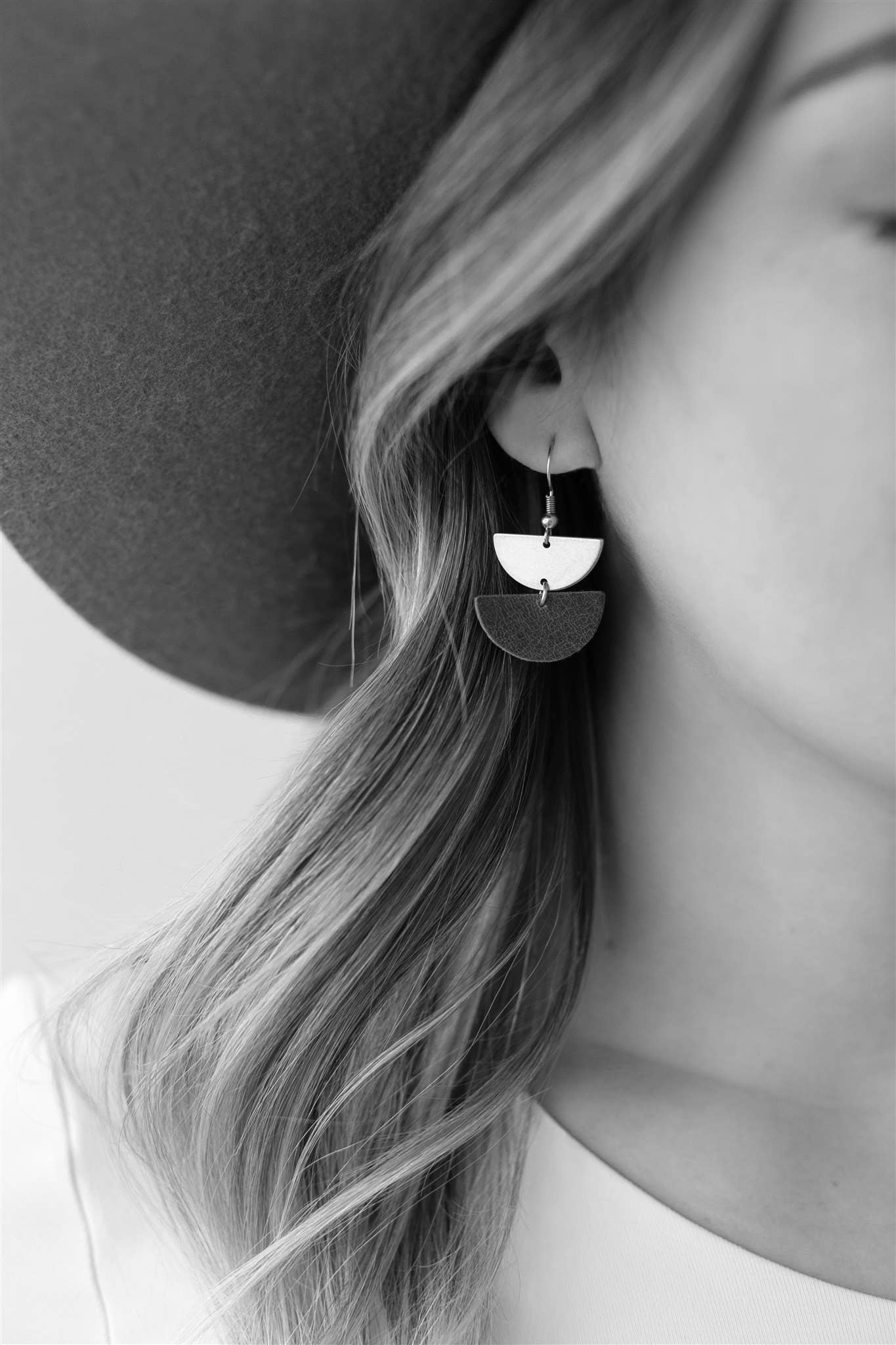 Leather &amp; Brass Mini Half Moon Earrings | Coral