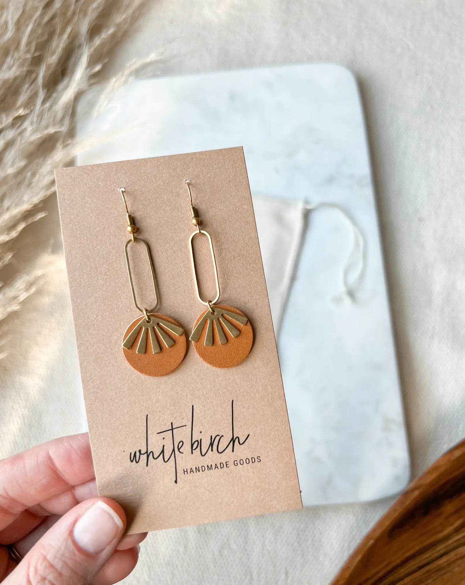 Leather &amp; Brass Sunburst Earrings | Tan Brown