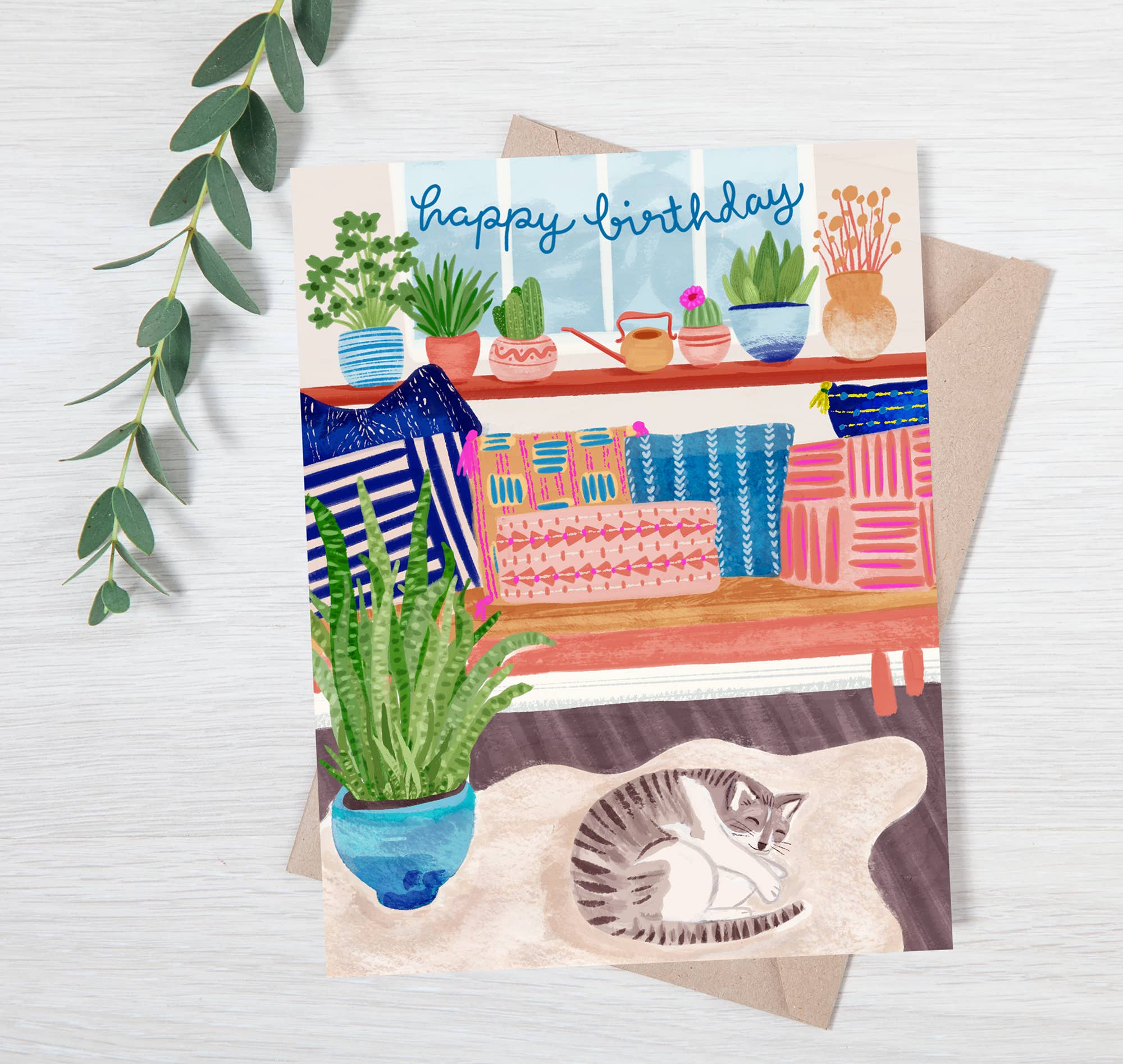 Sleeping Cat with Plants | Greeting Card