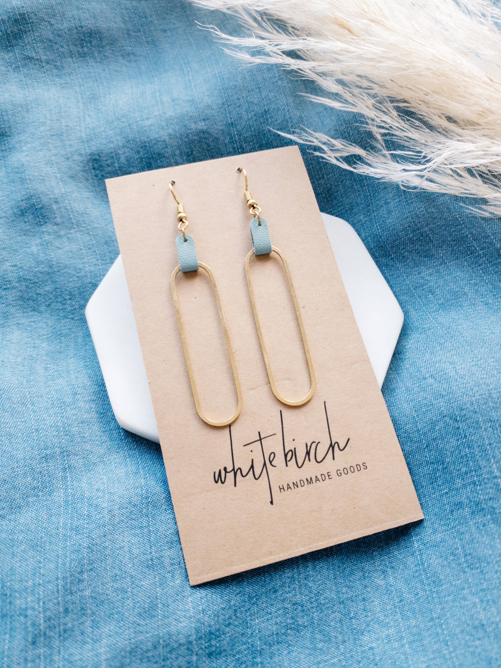 Leather &amp; Brass Oval Earrings | Blue
