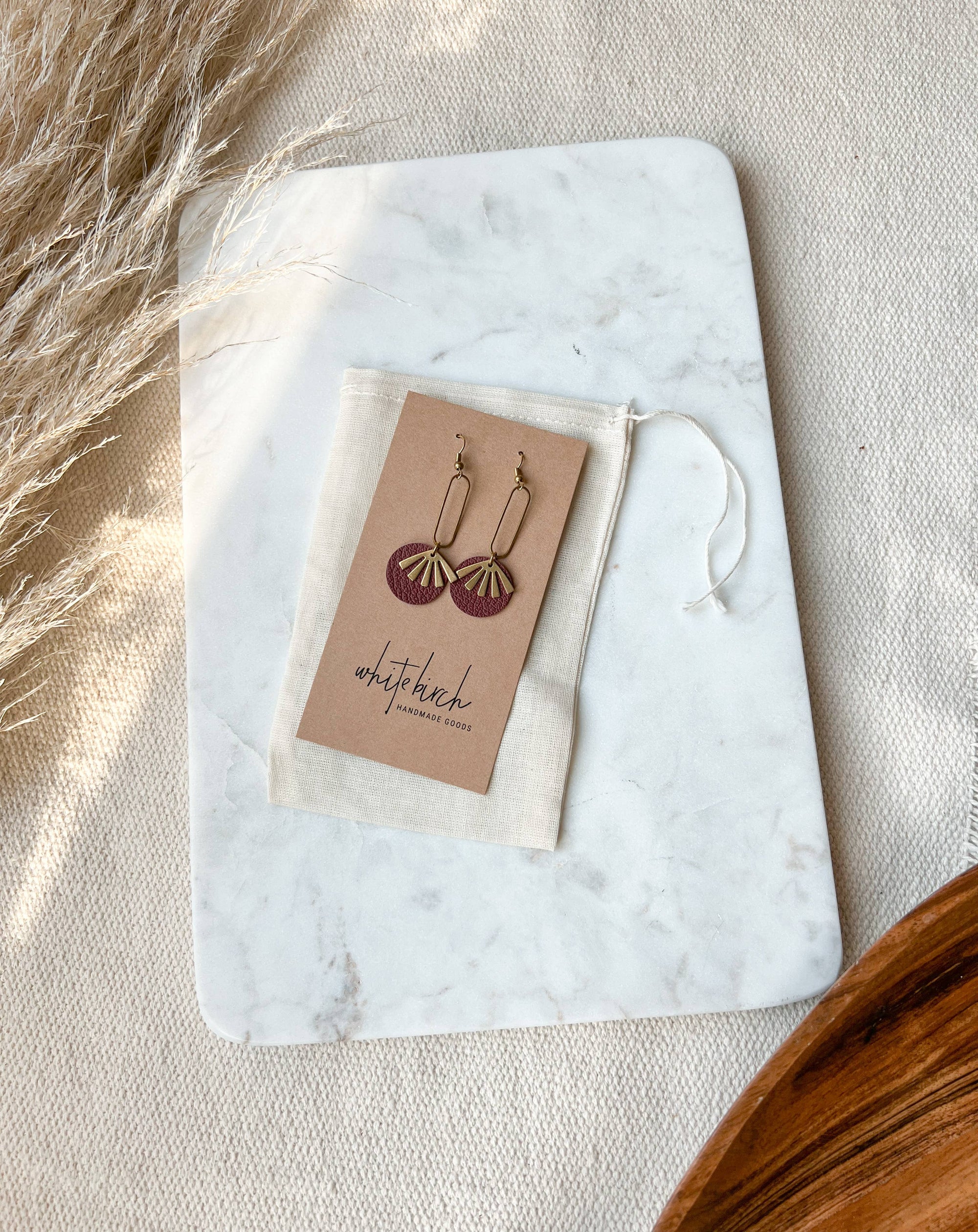 Leather &amp; Brass Sunburst Earrings | Burgundy