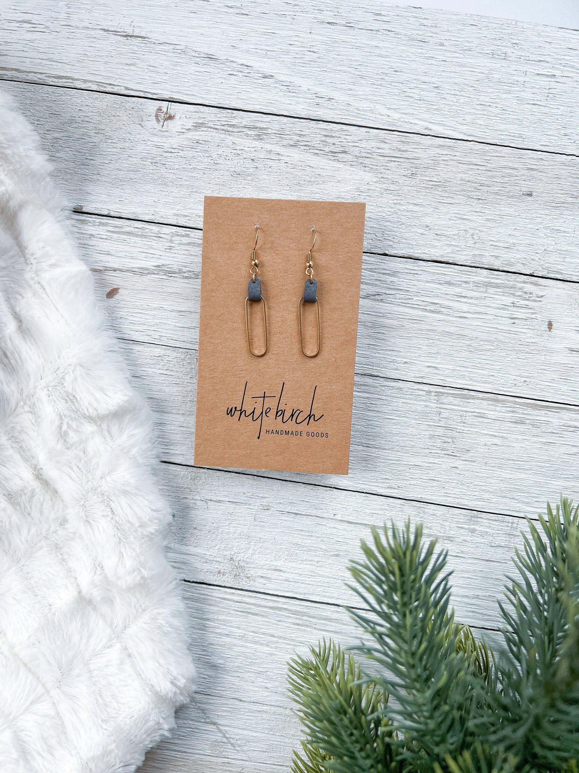 Slate Leather &amp; Small Brass Oval Accent Earrings