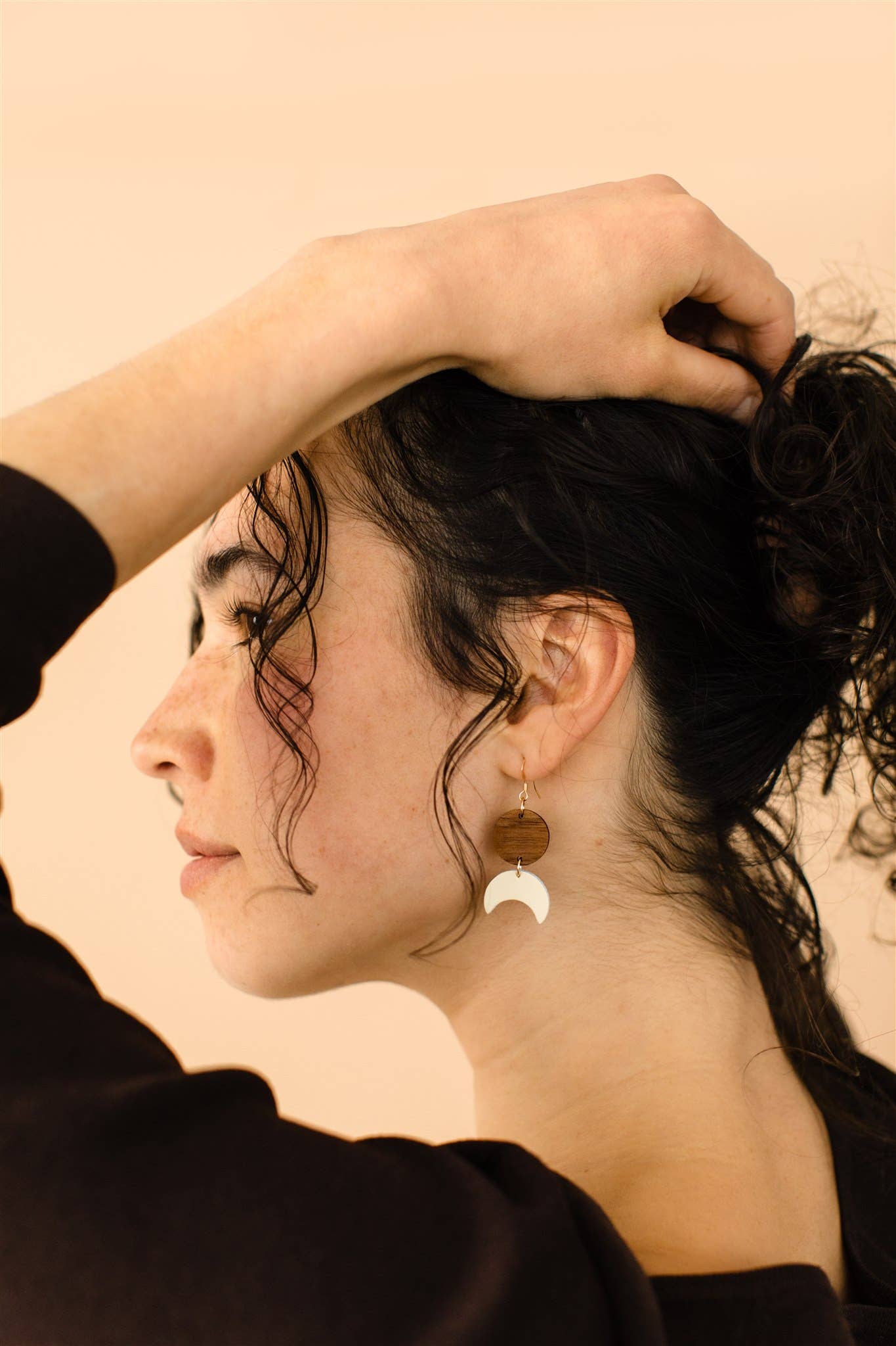 Leather Moon &amp; Walnut Wood Circle Earrings | Cream