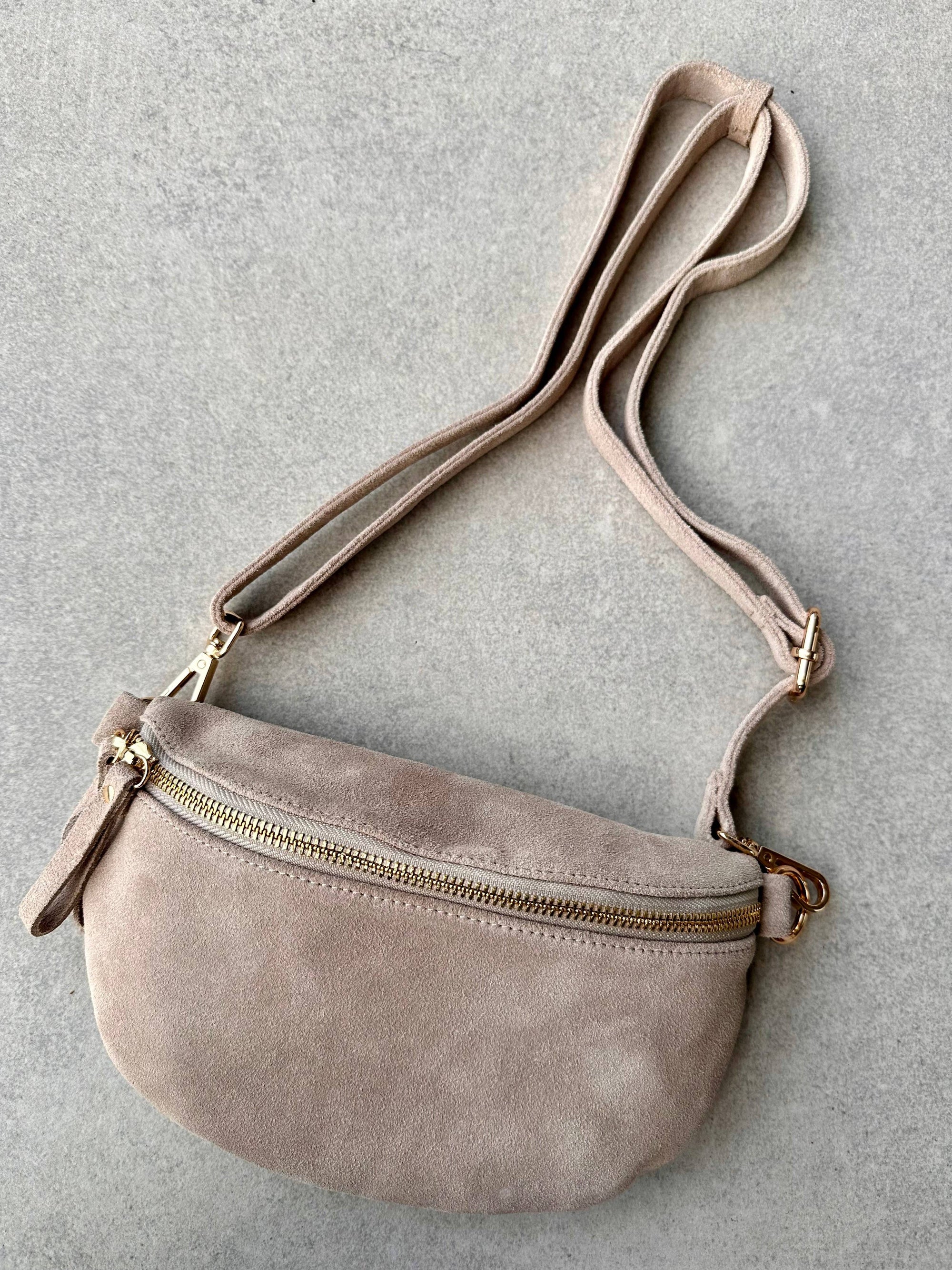 Crossbody Handbag: Cream White Suede Leather