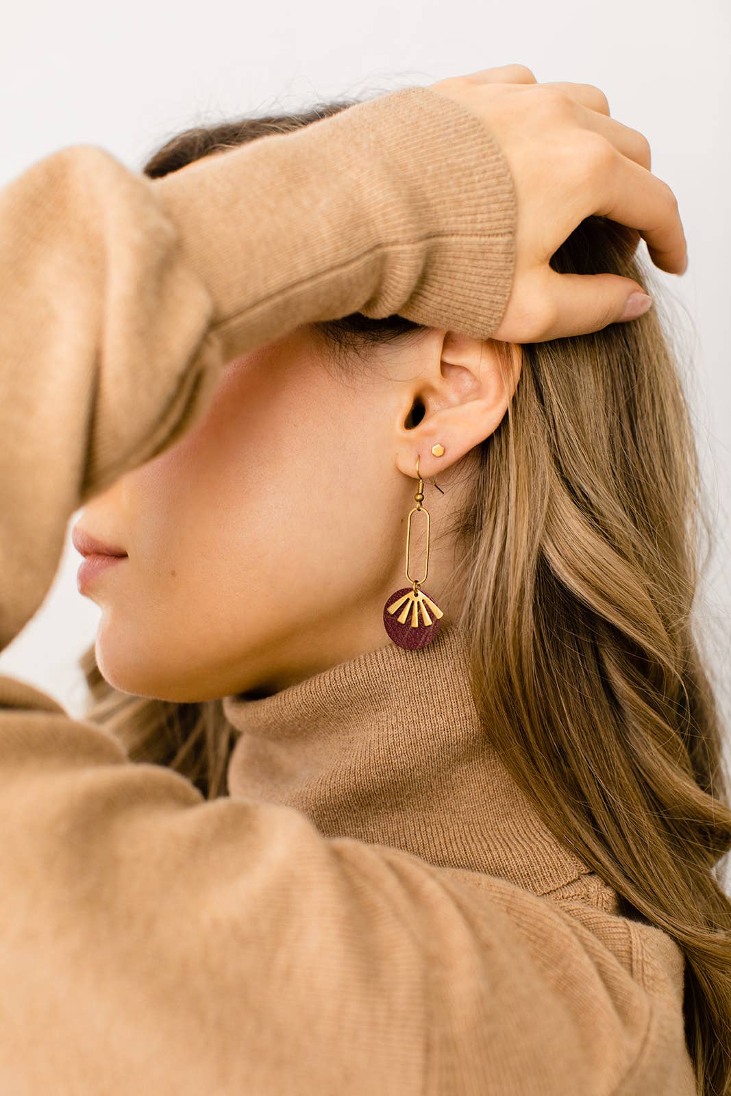 Leather &amp; Brass Sunburst Earrings | Burgundy