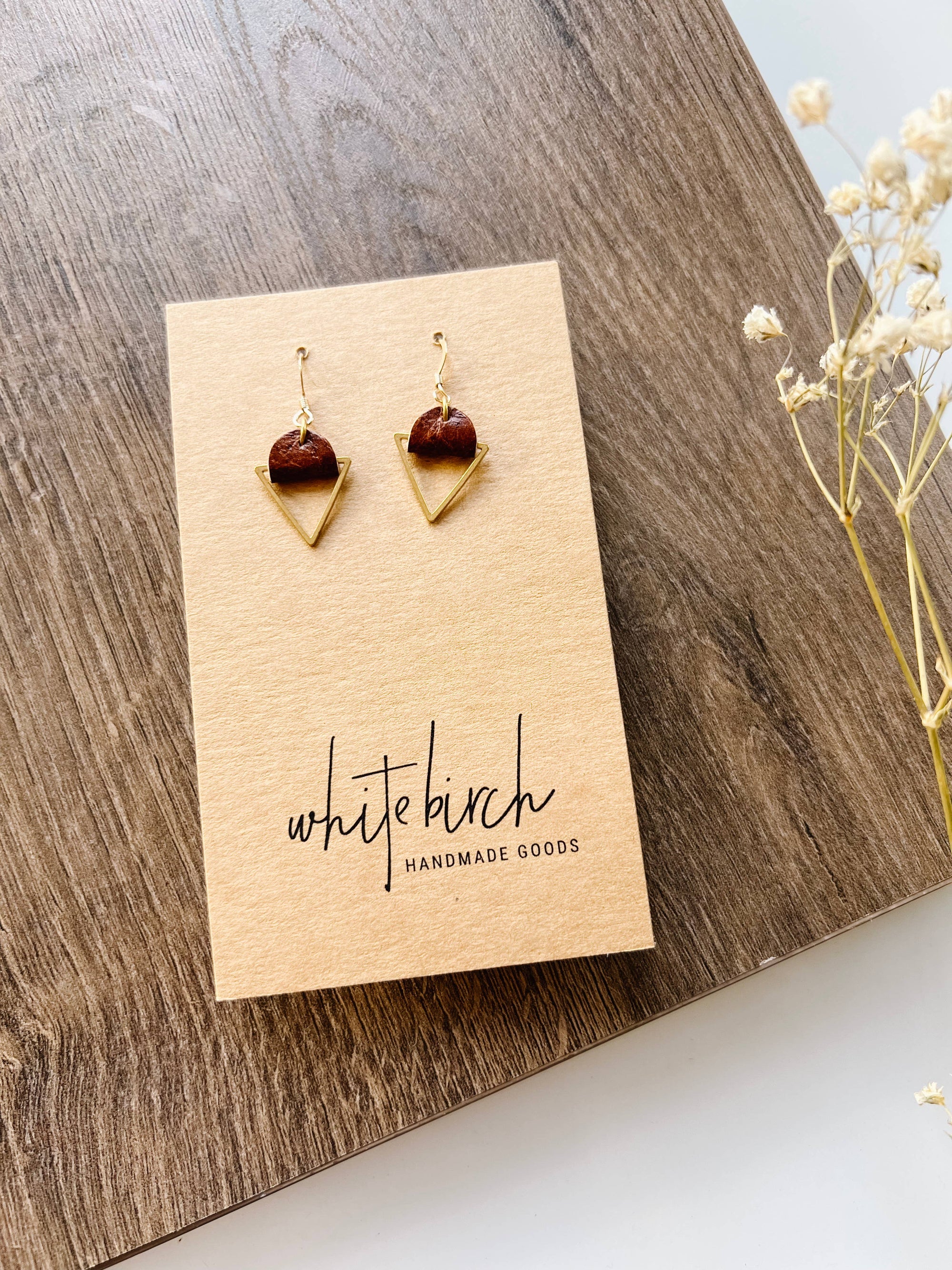 Leather &amp; Brass Triangle Earrings | Maple