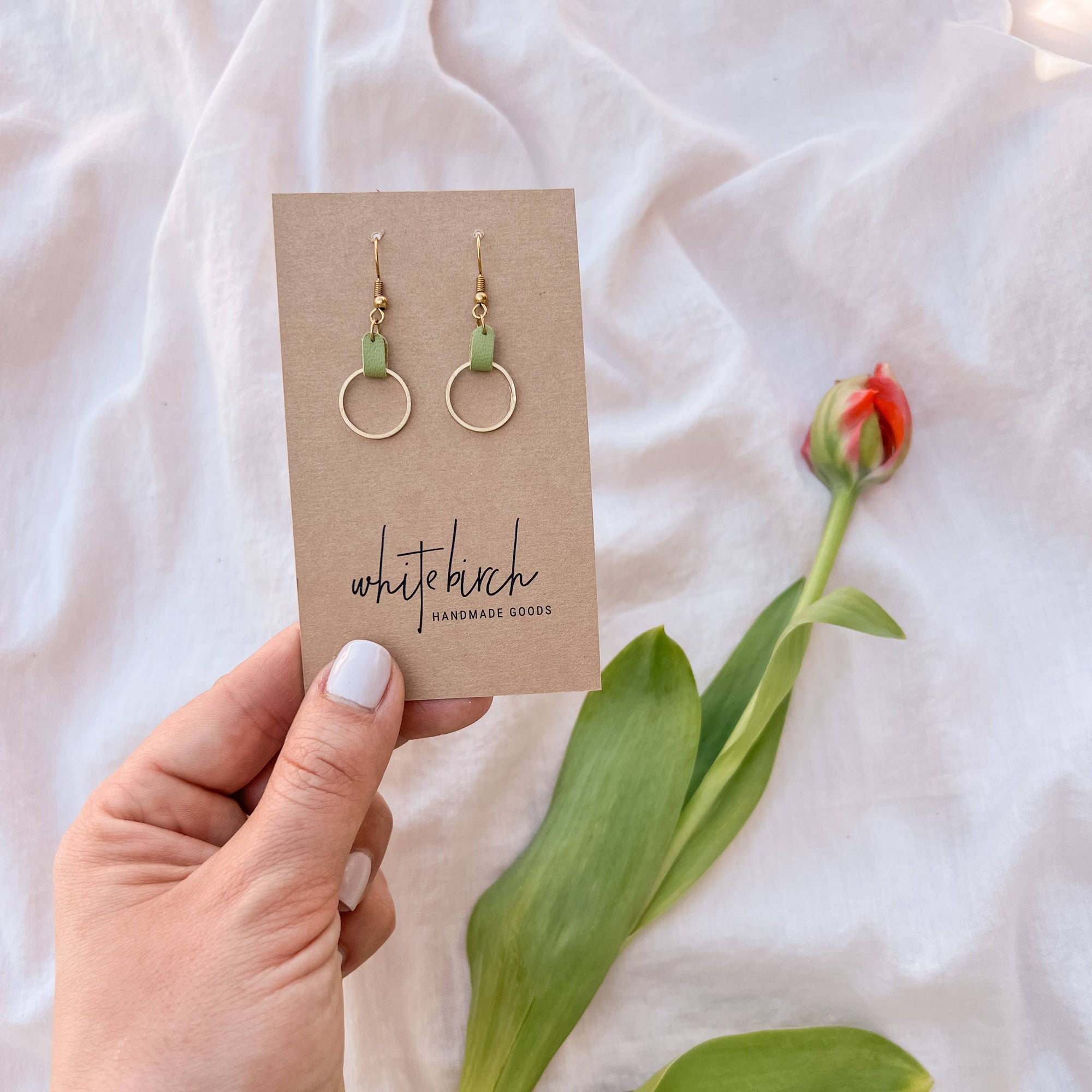 Leather &amp; Brass Circle Earrings | Lime Green