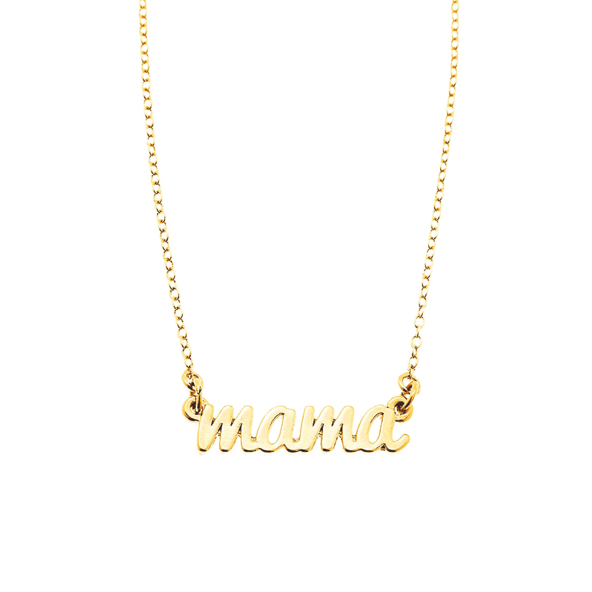 Gold 'mama' necklace on a white background