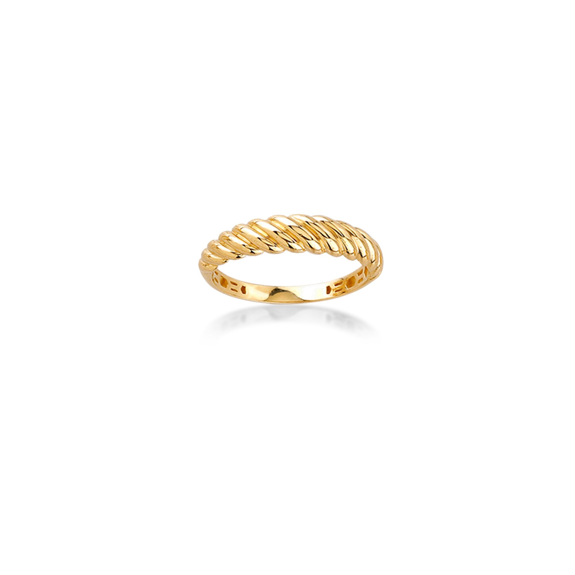 Gold ring with a ribbed design on a white background