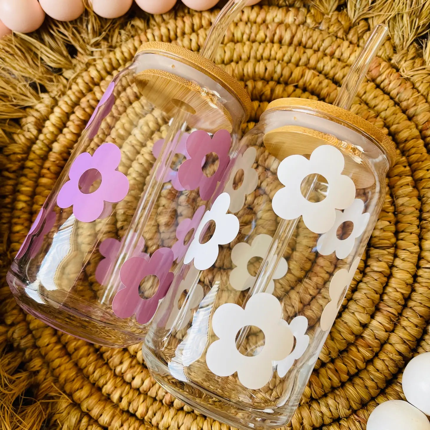 Iced Coffee Glass: Retro Flowers